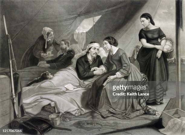 women tending to wounded soldiers - civil war stock illustrations