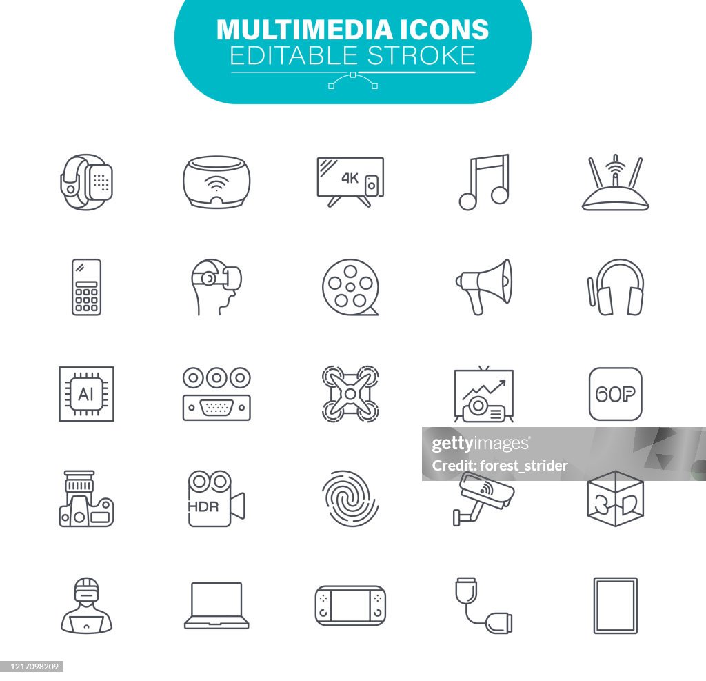 Icone multimediali. Set contiene l'icona come Tablet Digitale; Apparecchi televisivi; Tecnologia; Dispositivo portatile d'informazione; Telefono cellulare; Computer; Smartphone; illustrazione