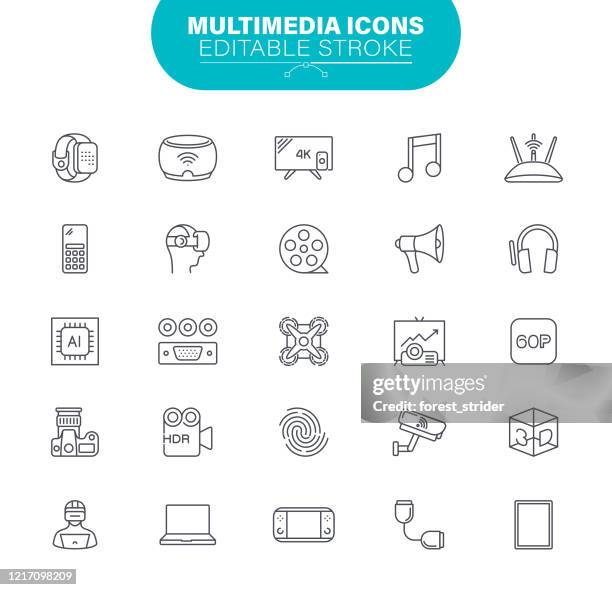 ilustrações, clipart, desenhos animados e ícones de ícones multimídia. o conjunto contém ícones como tablet digital; televisão; tecnologia; dispositivo de informação portátil; telefone celular; computador; telefone inteligente; ilustração - retail display