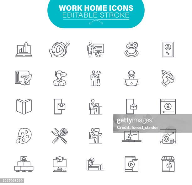 work home icons. set contains symbol as housework; business strategy, chart; computer; contract; corporate business; illustration - ball of wool stock illustrations