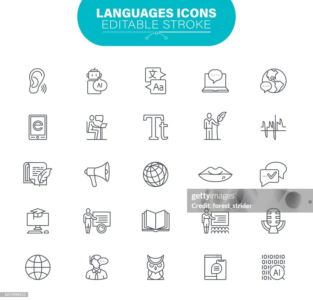 Language Icons. Set contains symbol as Machine Learning, Data, Education; School, University; Book; Illustration