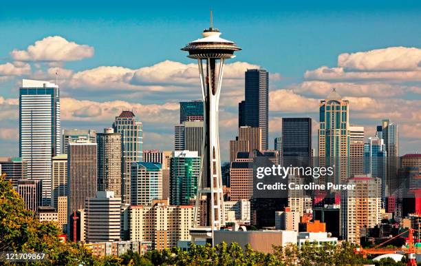 space needle and downtown seattle - seattle fotografías e imágenes de stock