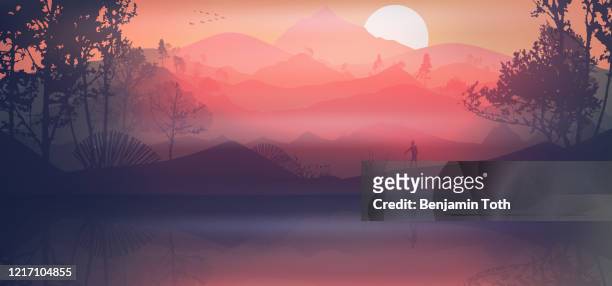 forest in the mountains at dawn - panoramic nature stock illustrations