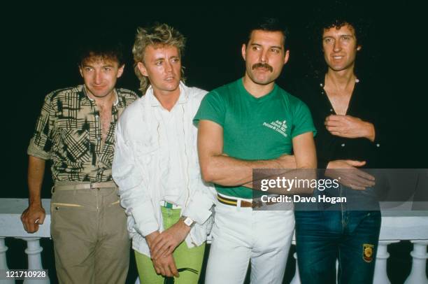 Queen in Rio to perform at the Rock in Rio festival, Brazil, January 1985. From left to right, John Deacon, Roger Taylor, Freddie Mercury and Brian...