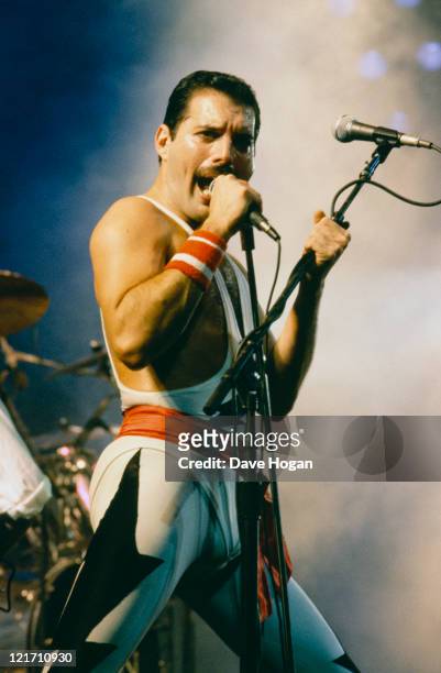 Freddie Mercury performing with Queen at the Rock in Rio festival, Brazil, January 1985. The festival ran for 10 days and over 1 million people...