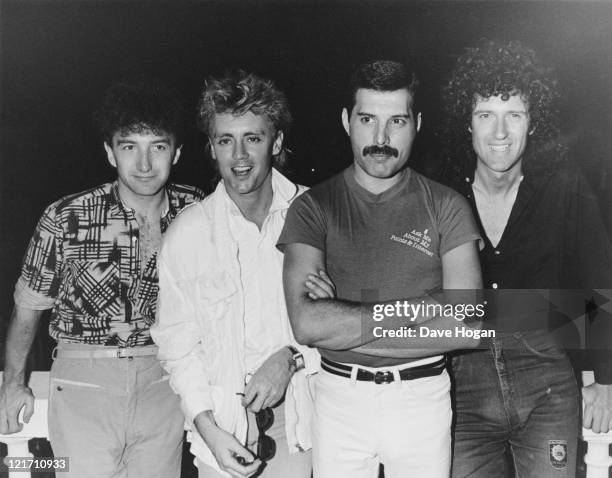 Queen in Rio to perform at the Rock in Rio festival, Brazil, January 1985. From left to right, John Deacon, Roger Taylor, Freddie Mercury and Brian...