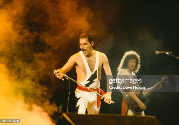 Freddie Mercury and Brian May on stage during Queen's performance at the Rock in Rio festival, Brazil, January 1985. The festival ran for 10 days and...