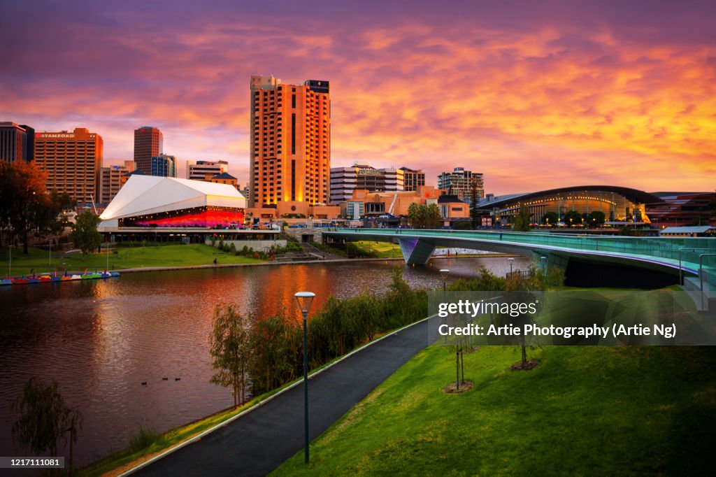 Sunset View of Elder Park, the Riverside Precinct and the Torrens Lake, Adelaide, South Australia