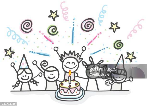 happy children at birthday party cartoon - surprise birthday party stock illustrations