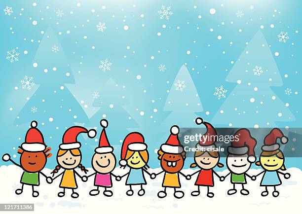 christmas children holding hands - christmas background no people stock illustrations