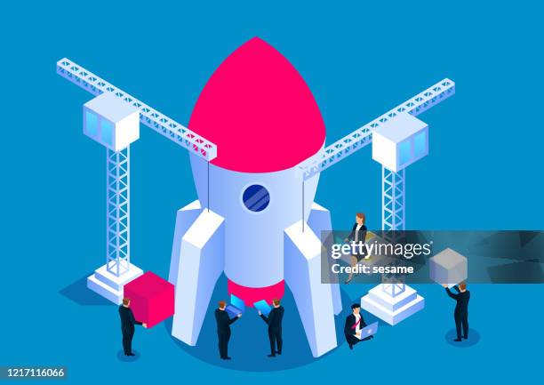 stockillustraties, clipart, cartoons en iconen met business development concept, business team building rocket - openingsevenement