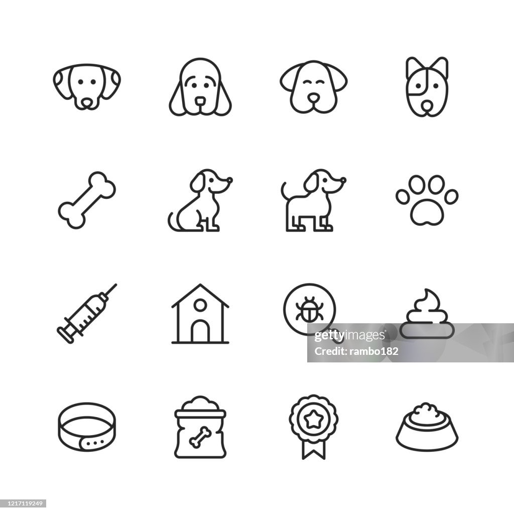 Hund Linie Icons. Bearbeitbarer Strich. Pixel perfekt. Für Mobile und Web. Enthält solche Symbole wie Hund, Welpen, Zwinger, Haustier, Hundeknochen, Spritze, Abzeichen, Hundepfote, Tierarzt, Pet Bowl, Hundefutter.