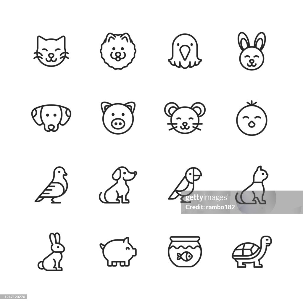 Icônes de ligne de pets. Accident vasculaire cérébral modifiable. Pixel Parfait. Pour mobile et Web. Contient des icônes telles que chat, chaton, chien, chiot, aigle, oiseau, lapin, lapin, souris, poussin, poisson d’or, cochon, tortue.
