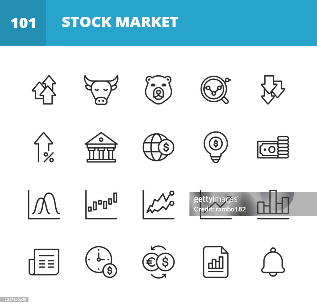 Stock Market Line Icons. Editable Stroke. Pixel Perfect. For Mobile and Web. Contains such icons as Stock Market, Currency Exchange, Cryptocurrency, Savings, Investment, Bull Market, Bear Market, Data, Graph, Technical Analysis, Growth, Recession.