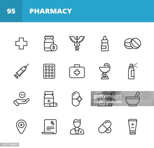 stockillustraties, clipart, cartoons en iconen met farmacie lijn iconen. bewerkbare slag. pixel perfect. voor mobiel en web. bevat pictogrammen zoals apotheek, pil, capsule, vaccinatie, drogisterij, pijnstiller, recept, spuit, arts, ziekenhuis - first aid kit