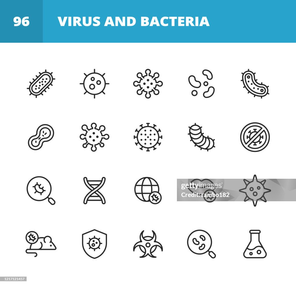 Virus und Bakterien Linie Icons. Bearbeitbarer Strich. Pixel perfekt. Für Mobile und Web. Enthält solche Symbole wie Bakterium, Infektion, Krankheit, Virus, Zelle, Grippe, Forschung, Pandämie, Mund.
