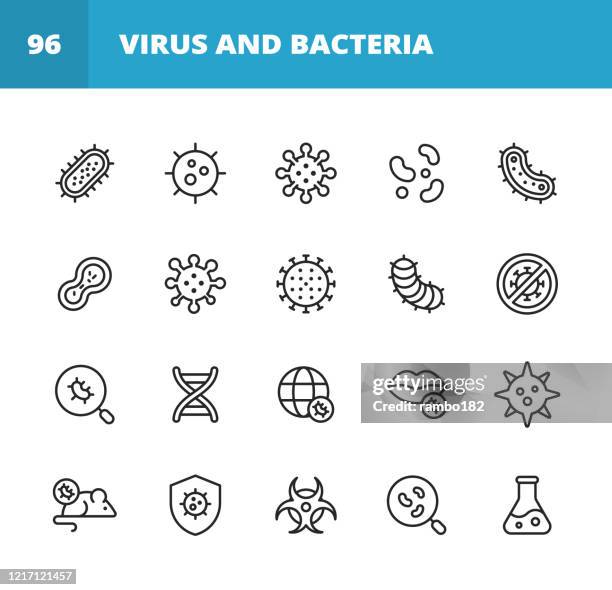 ilustrações, clipart, desenhos animados e ícones de ícones da linha de vírus e bactérias. curso editável. pixel perfeito. para mobile e web. contém ícones como bactéria, infecção, doença, vírus, celular, gripe, pesquisa, pandemia, boca. - bactéria