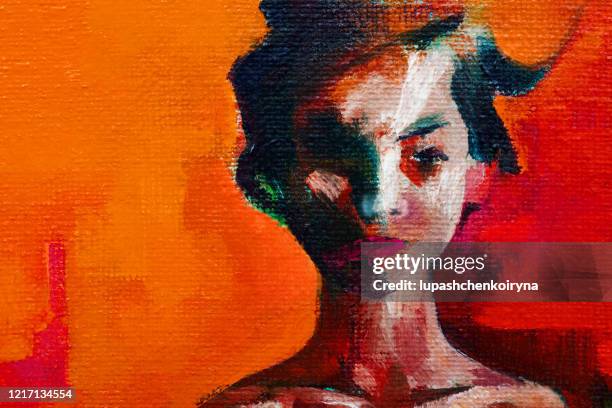 fashionable summer illustration allegory summer fire  modern work of art oil painting culture of the east horizontal portrait fantasy woman face with long black hair in oriental style on a bright burning background in red tones of the setting sun - perfume japan stock illustrations