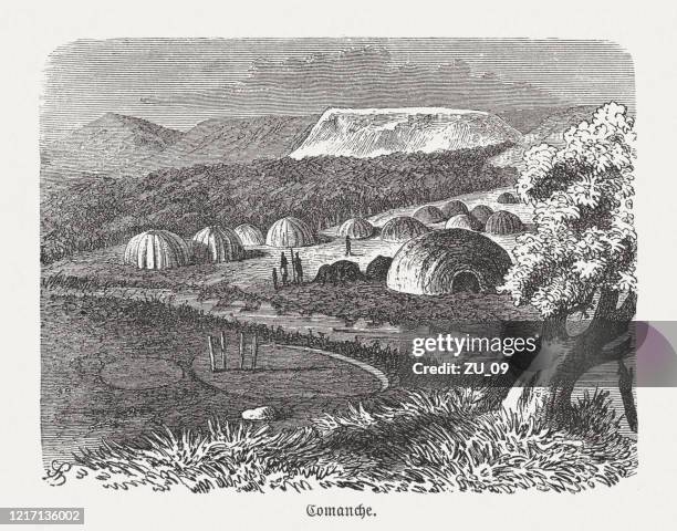 camp of the comanche, wood engraving, published in 1893 - texas v oklahoma stock illustrations