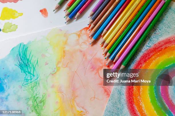 colorful background with different spots and strokes of colored pencils. - colored pencil foto e immagini stock