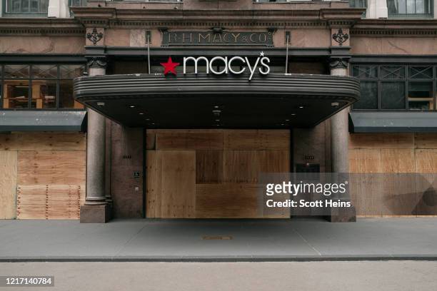 The Macy's flagship store is seen boarded up after a night of violent protests and looting in Midtown, Manhattan on June 2, 2020 in New York City. In...