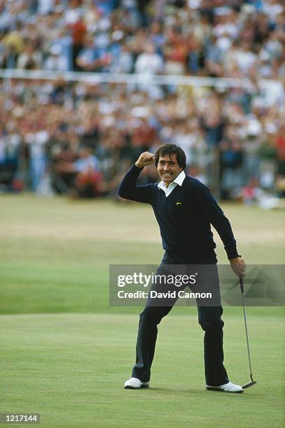 Seve Ballesteros of Spain holes out on the final green to win the British Open at St Andrews in Scotland. \ Mandatory Credit: David Cannon /Allsport