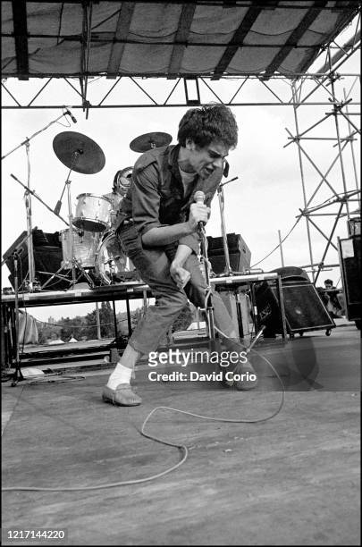 The Pop Group's Mark Stewart performing at Alexandra Palace, London, UK on 15 June 1980.