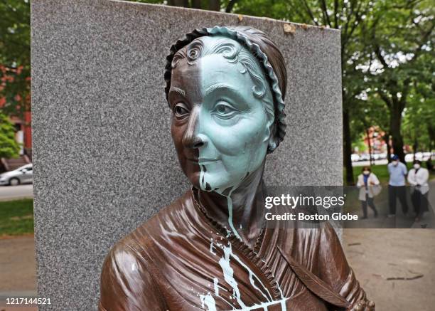 The Abigail Adams sculpture on the Commonwealth Mall in Boston is painted over on June 1, 2020. Aftermath of the destruction on property in Boston...