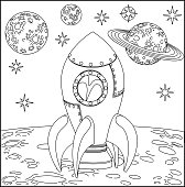 Space Cartoon Scene Rocket Ship On Moon