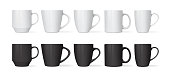 white and black mugs of different designs isolated on white background mock up vector