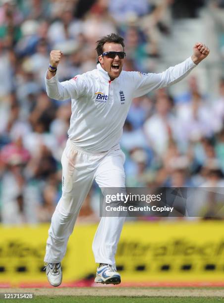 Graeme Swann of England celebrates the wicket of Gautam Gambhir of India during day five of the 4th npower Test Match between England and India at...