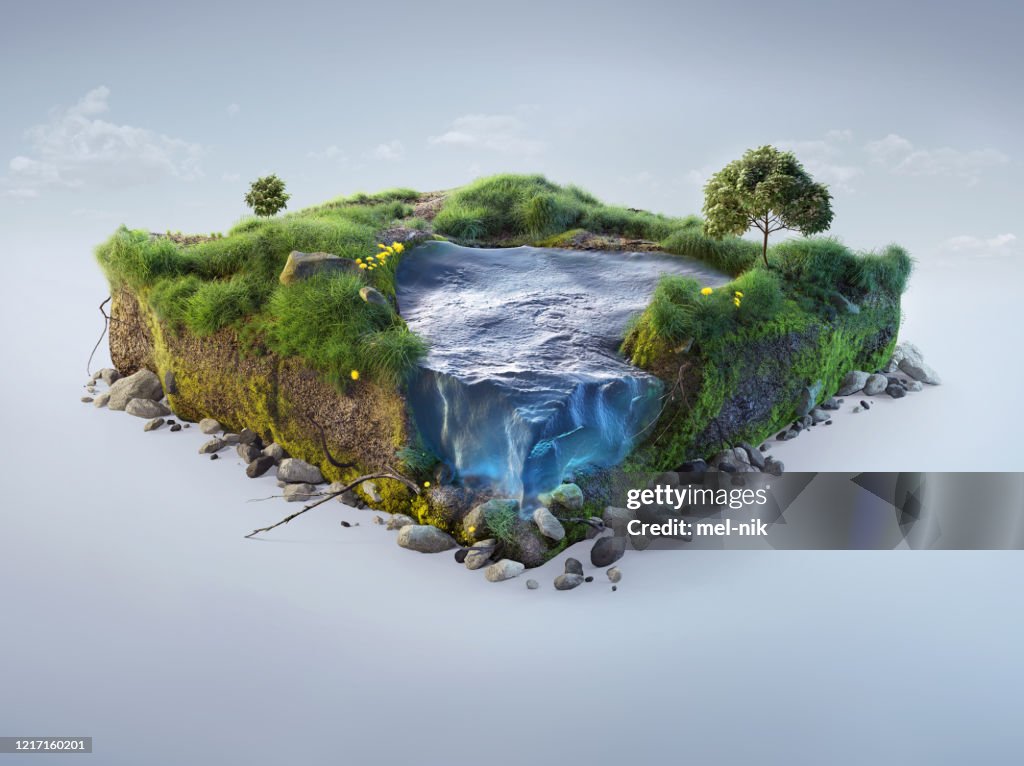 Travel and vacation background. 3d illustration with cut of the ground and the grass landscape with the cut of the pond. Baby nature isolated on white.