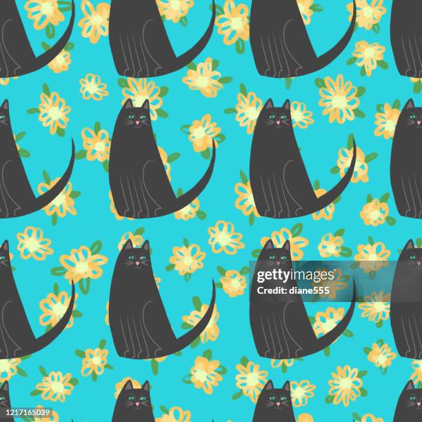 nahtloses muster von katzen und blumen - funny cat wallpaper stock-grafiken, -clipart, -cartoons und -symbole