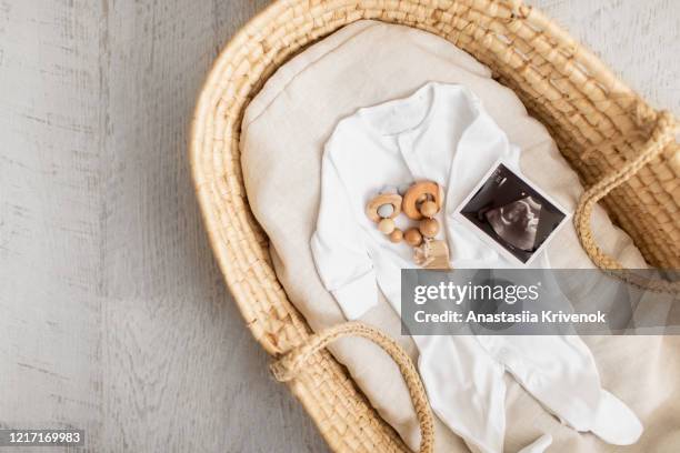 baby clothes, diaper, ultrasonography and toy in moses basket. preparation for the appearance of a child. expectation of a child concept. - babysäng bildbanksfoton och bilder