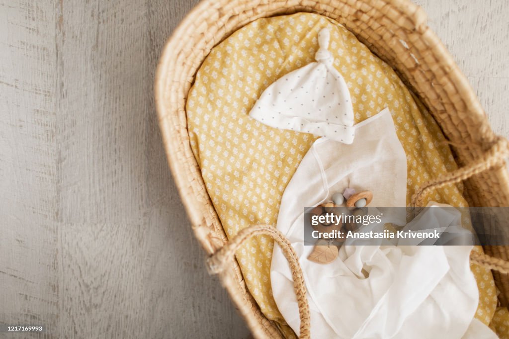 Baby clothes, diaper, ultrasonography and toy in moses basket. Preparation for the appearance of a child. Expectation of a child concept.