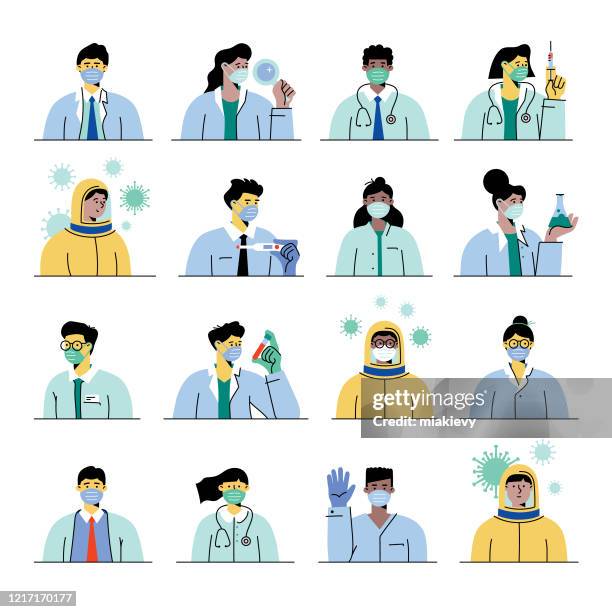 beschäftigte im gesundheitswesen mit masken - female surgeon mask stock-grafiken, -clipart, -cartoons und -symbole