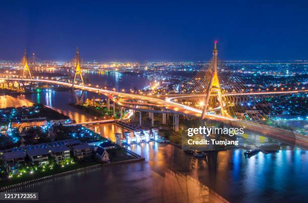 bhumibol bridge and curve of chao phraya river in twilight time. with long exposure photography creates moving of cloud and reflection of light. - watergate stock pictures, royalty-free photos & images