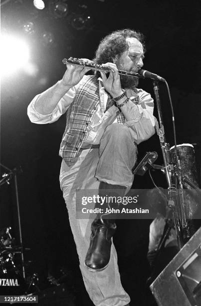 Musician Ian Anderson is shown performing on stage during a "live" concert appearance with Jethro Tull on October 1, 1984.