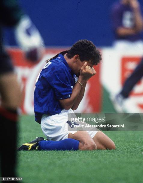 Roberto Baggio of Italy shows his dejection during the FIFA World Cup 1994, United States.