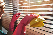 woman cleaning wooden window blinds from dust at home on sunny day