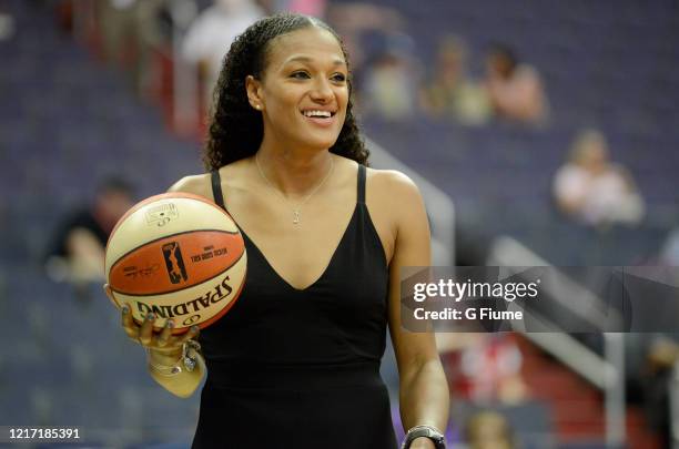 Marissa Coleman of the New York Liberty watches the game against the Washington Mystics at Capital One Arena on July 5, 2018 in Washington, DC.