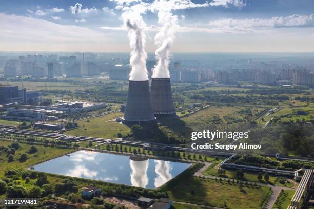 aerial view of thermoelectric power station in moscow region - mirror steam fotografías e imágenes de stock