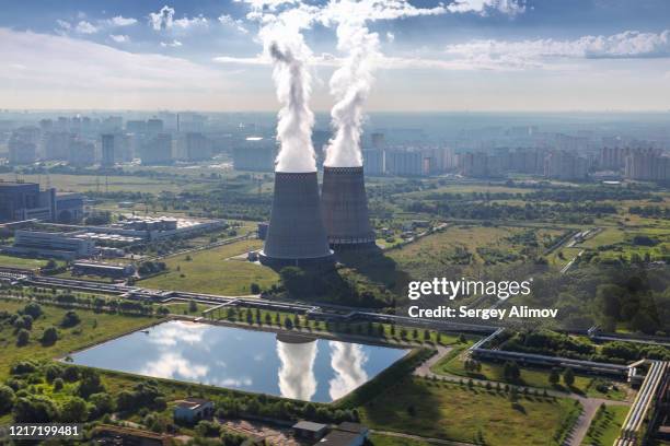 aerial view of thermoelectric power station in moscow region - mirror steam stockfoto's en -beelden