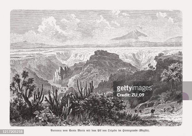 barranca santa maría and volcano citlaltépetl, mexico, woodcut, published 1893 - canyon stock illustrations
