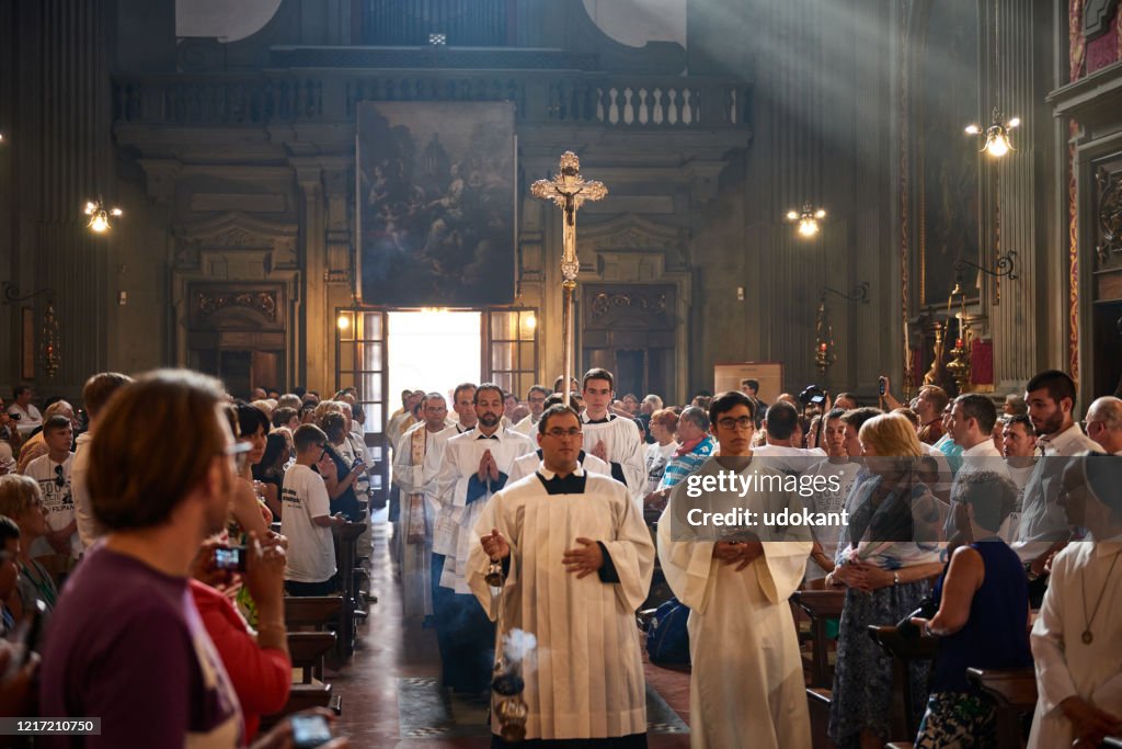 Celebration of Mass in San Firenze Church, Florence, Italy