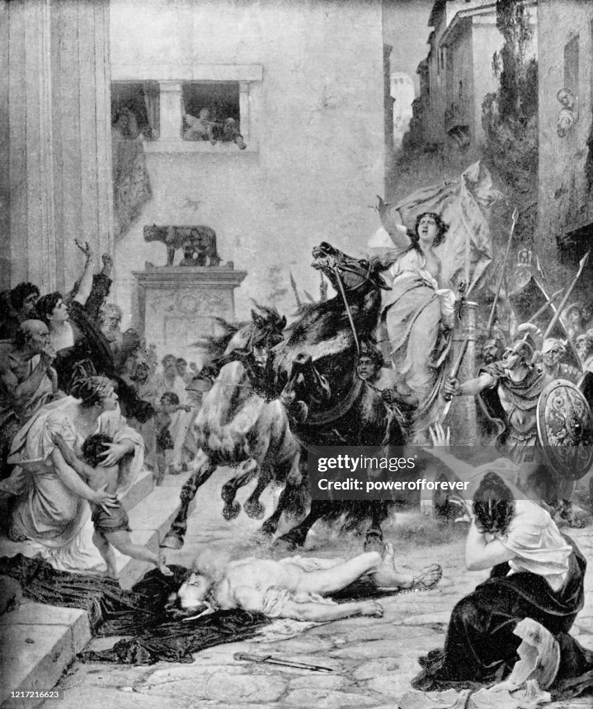 Tullia Driving Over Her Father’s Corpse by Ernst Hildebrand - 19th Century
