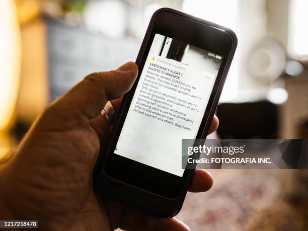 covid-19, varningsvarning på mobiltelefon - corona warn app bildbanksfoton och bilder