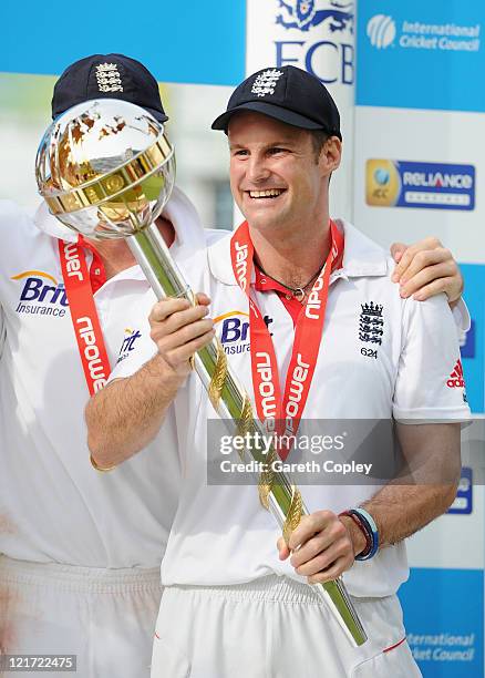 Andrew Strauss of England celebrates the series victory with the ICC Test Championship Mace as England become the number one ranked team during day...