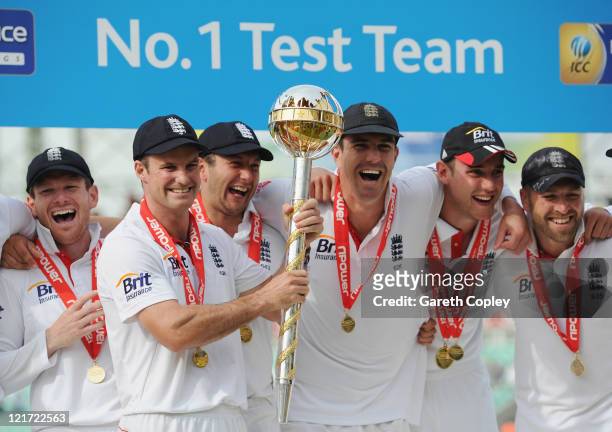 Andrew Strauss of England celebrates the series victory with the ICC Test Championship Mace as England become the number one ranked team during day...