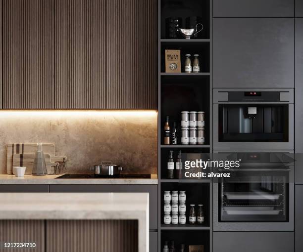 render image of a modern kitchen interior - armário de cozinha imagens e fotografias de stock